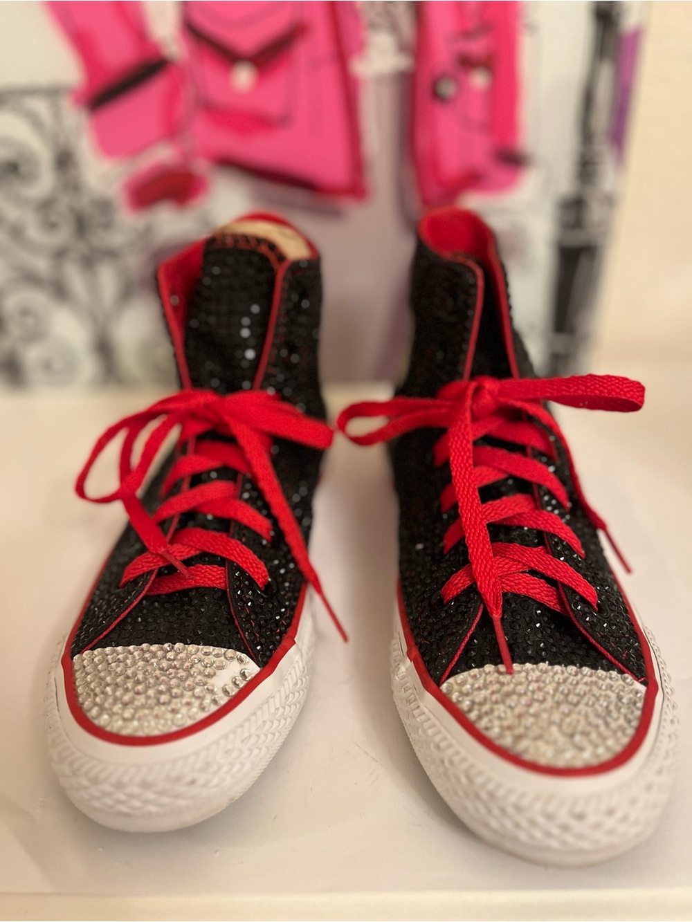 Custom Bling Converse High Tops - Black Sequin & Crystals - Women’s 6 / Men’s 4